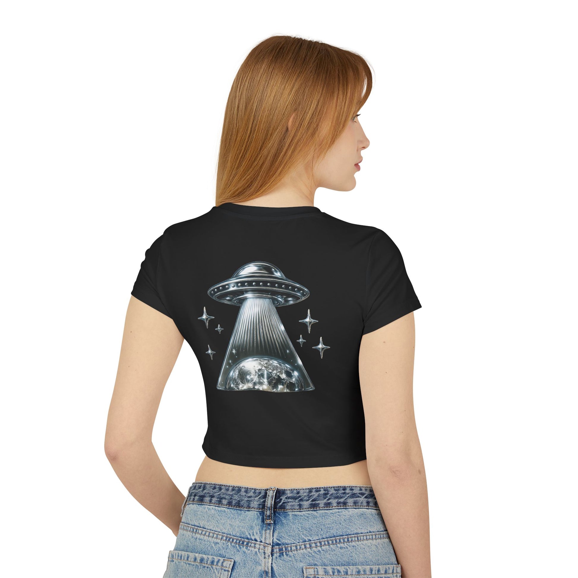 Women's Baby Tee featuring chest logo and chrome themed "UFO" logo
