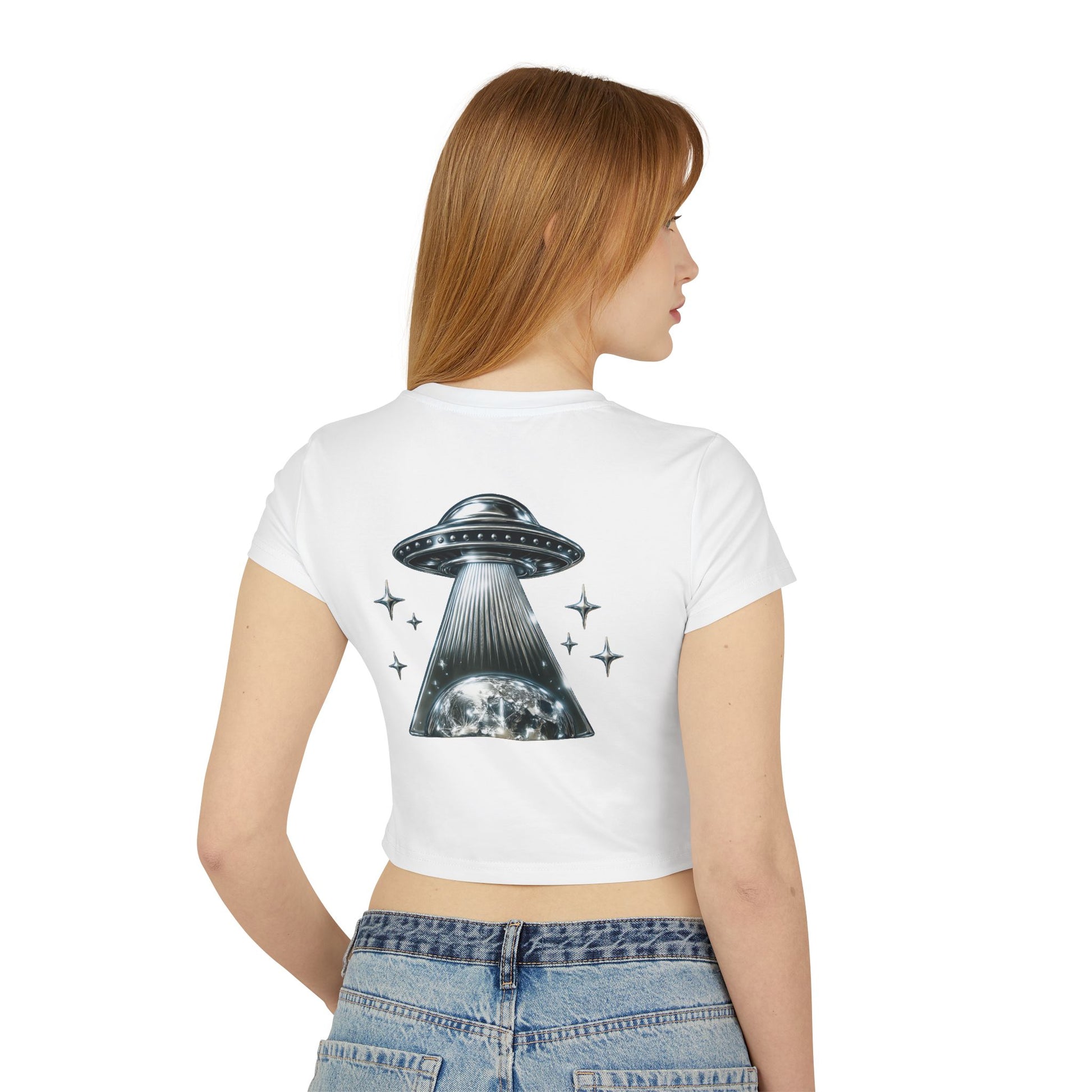 Women's Baby Tee featuring chest logo and chrome themed "UFO" logo