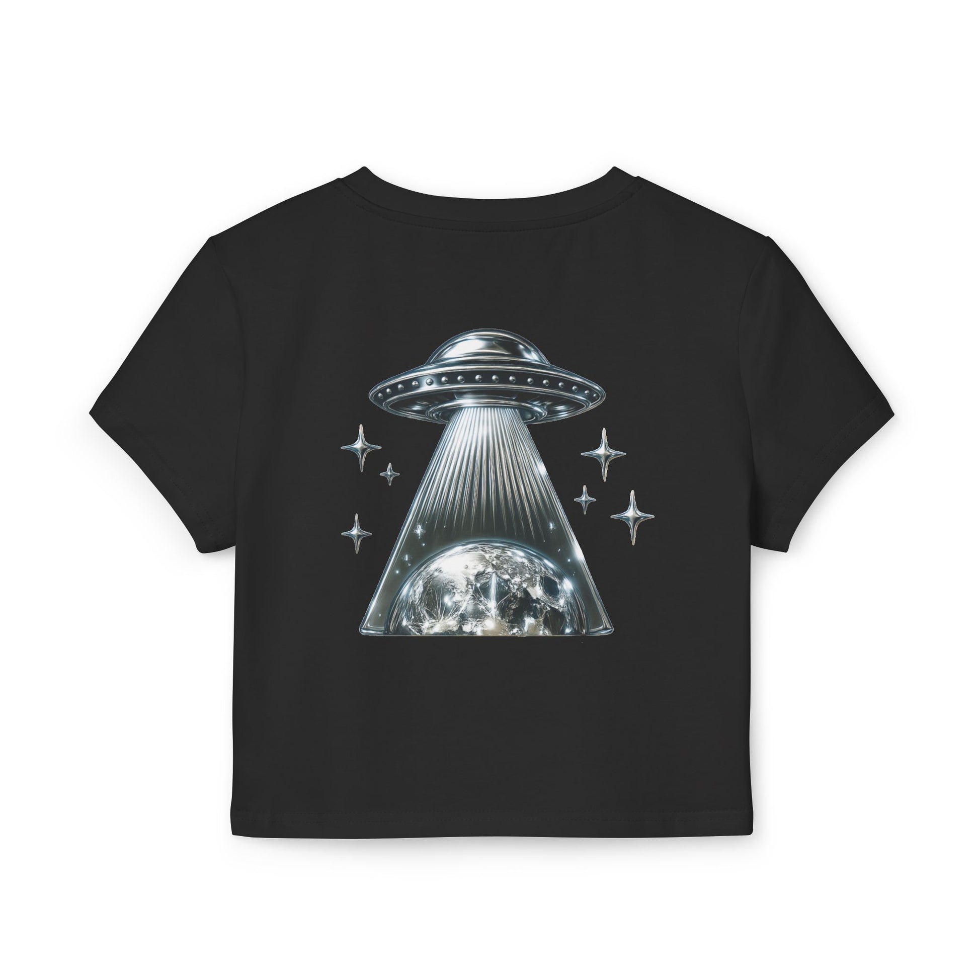 Women's Baby Tee featuring chest logo and chrome themed "UFO" logo