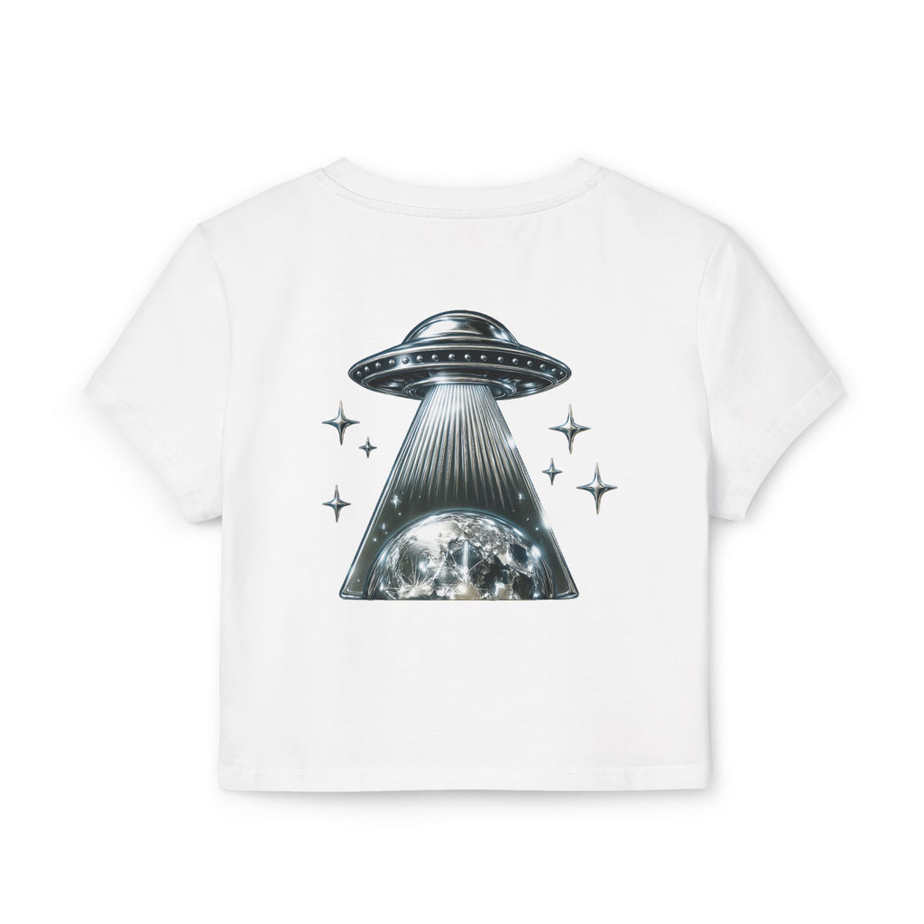 Women's Baby Tee featuring chest logo and chrome themed "UFO" logo