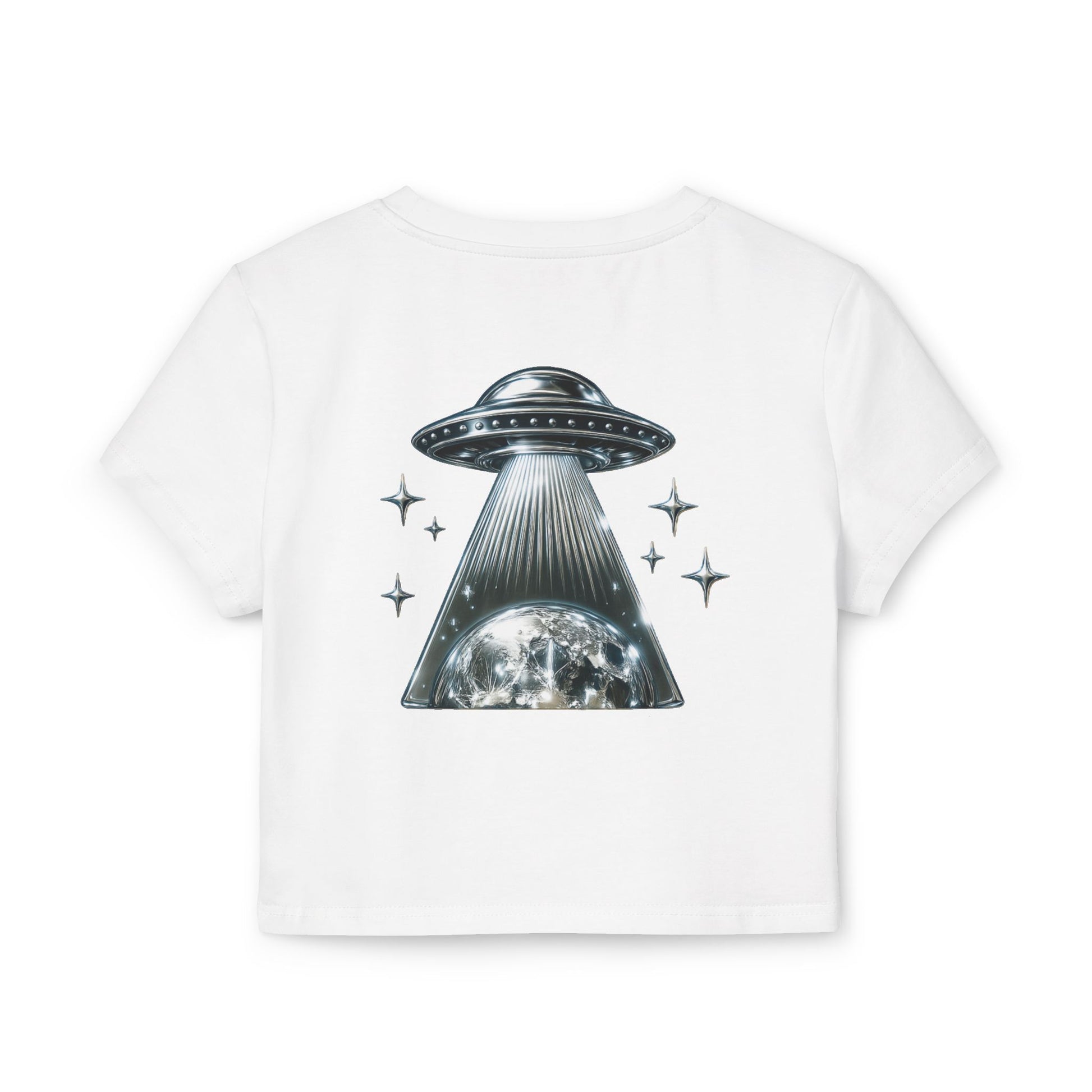 Women's Baby Tee featuring chest logo and chrome themed "UFO" logo